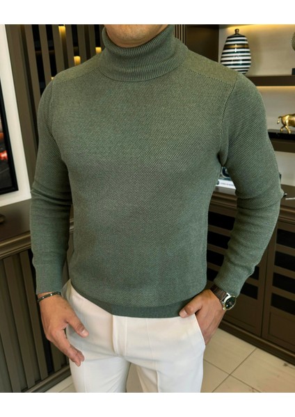 Italyan Stil Slim Fit Balıkçı Yaka Triko Erkek Kazak Haki T13223 fiyatları