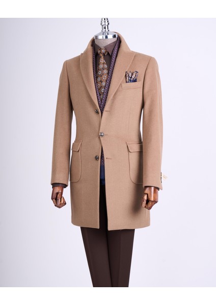 Italyan Stil Slim Fit Sivri Yaka Yün Karışımlı Kaşe Erkek Kaban Camel T13447