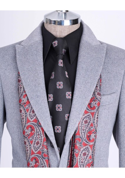 Italyan Stil Slim Fit Sivri Yaka Yün Karışımlı Kaşe Erkek Kaban Gri T13365