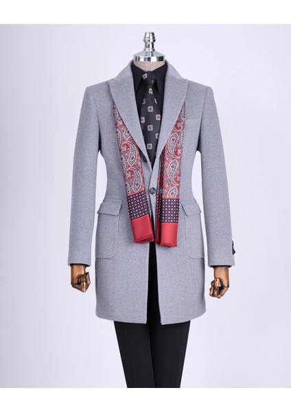 Italyan Stil Slim Fit Sivri Yaka Yün Karışımlı Kaşe Erkek Kaban Gri T13365