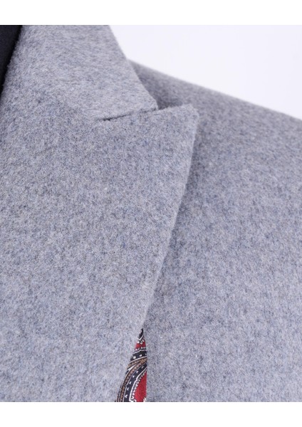 Italyan Stil Slim Fit Sivri Yaka Yün Karışımlı Kaşe Erkek Kaban Gri T13365