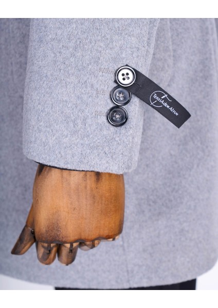 Italyan Stil Slim Fit Sivri Yaka Yün Karışımlı Kaşe Erkek Kaban Gri T13365