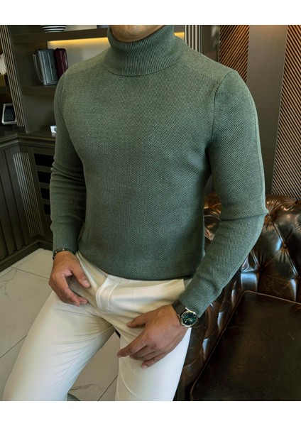 Italyan Stil Slim Fit Balıkçı Yaka Triko Erkek Kazak Haki T13223 modelleri