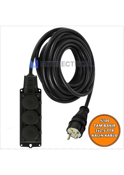 Kauçuk 3'lü Topraklı Grup Priz Uzatma Kablosu 1 Metre 3x2,5 Mm² Ttr Kalın Siyah Kablolu