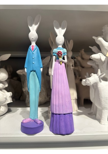 2 Li Tavşan Gelin Damat Set, Dekoratif Polyester Obje, Tavşan Biblo