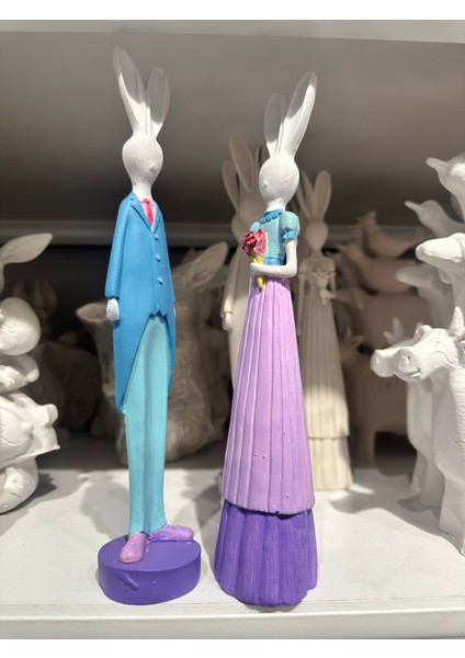 2 Li Tavşan Gelin Damat Set, Dekoratif Polyester Obje, Tavşan Biblo modelleri