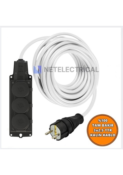 Kauçuk 3'lü Topraklı Grup Priz Uzatma Kablosu 22 Metre 3x2,5 Mm² Ttr Kalın Beyaz Kablolu
