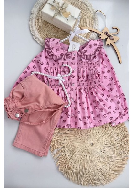 Gipeli Çiçek Desenli Yaka Detaylı Gömlek ve Pantolon kız çocuk takım - Pembe