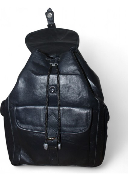 Kadın Erkek Kullanımlı Lacivert Sırt Çantası Hakiki Deri Siyah 3 Cepli Model