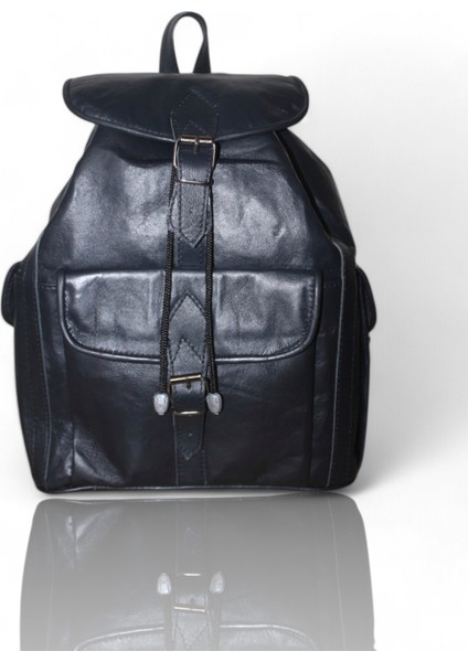 Kadın Erkek Kullanımlı Lacivert Sırt Çantası Hakiki Deri Siyah 3 Cepli Model