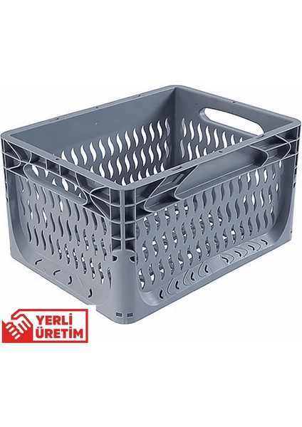 1.Kalite Delikli Gri Plastik Kasa 40x30x22 cm - Kokusuz Sağlam Plastik Sepet 21 Litre