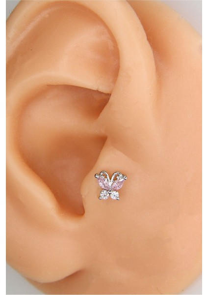 Gümüş Renk 8 mm Pembe Taşlı Kelebek Piercing Tragus Helix Kıkırdak