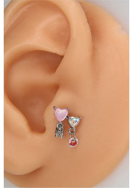 Gümüş Renk 8 mm Ikili Kalp Piercing Tragus Helix Kıkırdak