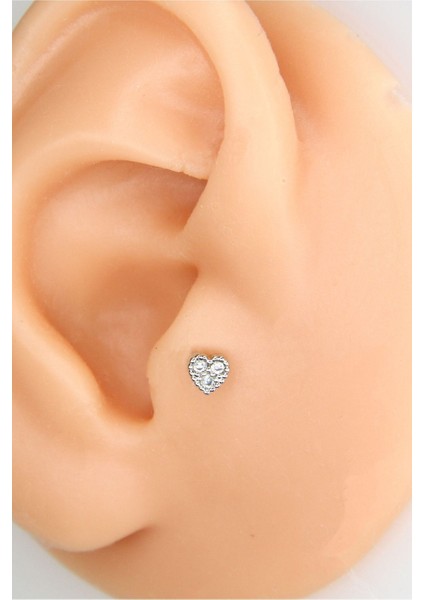 Gümüş Renk 8mm Taşlı Kalp Piercing Tragus Helix Kıkırdak