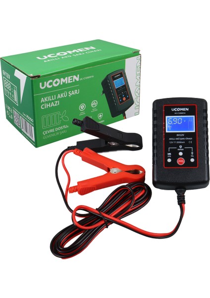 Ucomen UC-C121001A Siyah 6-12 Volt 2 Amper LED Göstergeli Akü Şarj Cihazı Dijital Göstergeli Akü Şarj Aleti