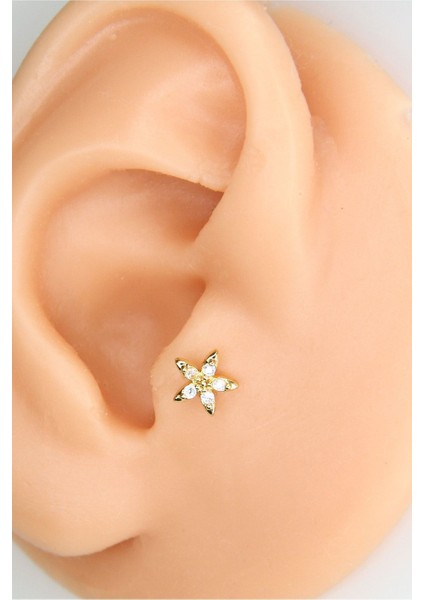 Gold 8mm Çiçek Taş Detaylı Piercing Tragus Helix Kıkırdak