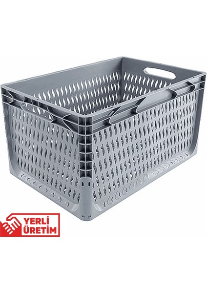 1.Kalite Delikli Gri Plastik Kasa 60x40x32 cm - Kokusuz Sağlam Plastik Sepet 65 Litre