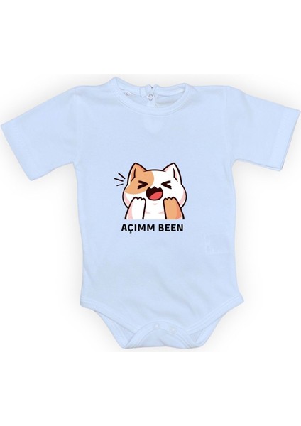 Açım Ben Kedi Baskılı Bebek Kısa Kol Body Zıbın Çıtçıtlı Badi MNK0631