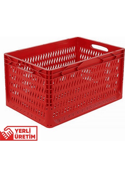 1.Kalite Delikli Kırmızı Plastik Kasa 60x40x32 cm - Kokusuz Sağlam Plastik Sepet 65 Litre