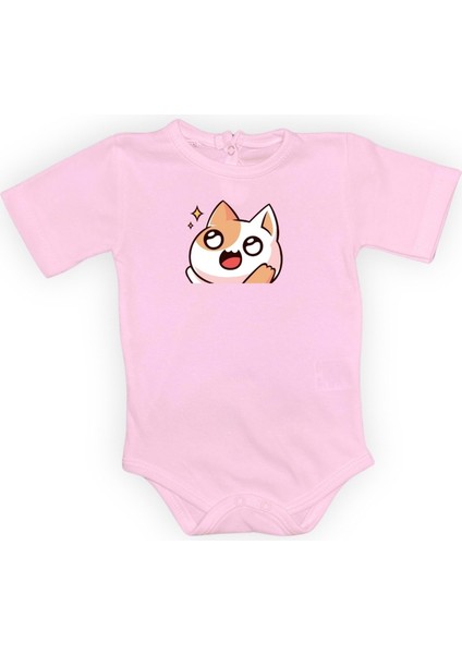 Gözleri Parlayan Kedi Baskılı Bebek Body Zıbın Çıtçıtlı Badi