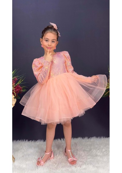 Tütü Gren Etekli Kız Çocuk Pul Payetli Uzun Kol Kikidi Elbise MNK0583