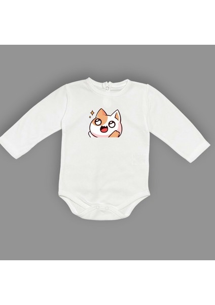 Gözleri Parlayan Kedi Baskılı Bebek Body Zıbın Çıtçıtlı Badi