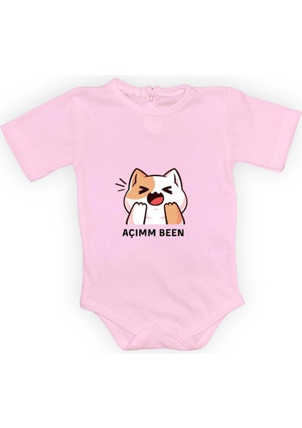 Açım Ben Kedi Baskılı Bebek Kısa Kol Body Zıbın Çıtçıtlı Badi MNK0631