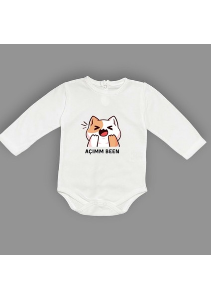 Açım Ben Kedi Baskılı Bebek Uzun Kol Body Zıbın Çıtçıtlı Badi MNK0631