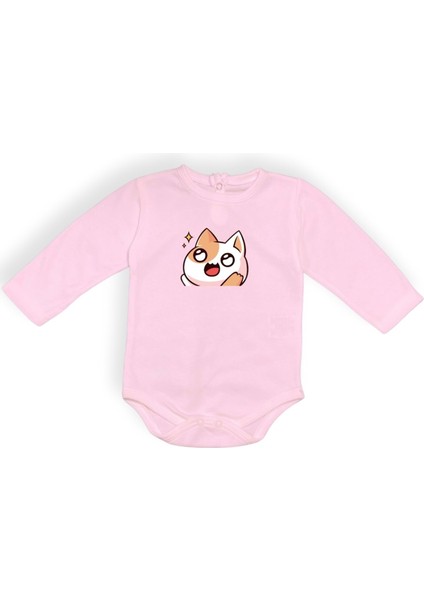 Gözleri Parlayan Kedi Baskılı Bebek Body Zıbın Çıtçıtlı Badi