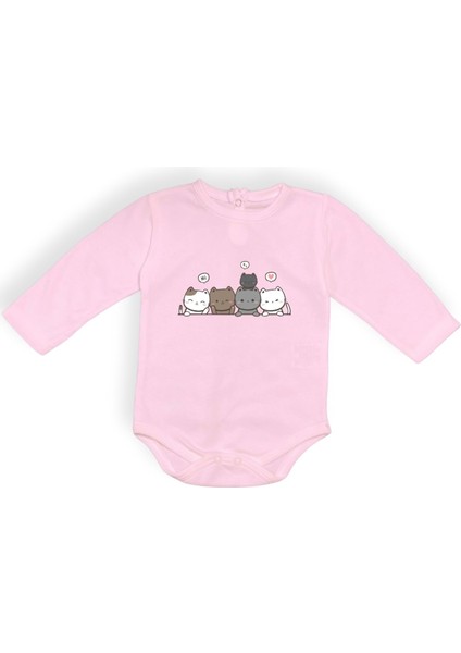Sevimli Kediler Baskılı Bebek Body Zıbın Çıtçıtlı Badi