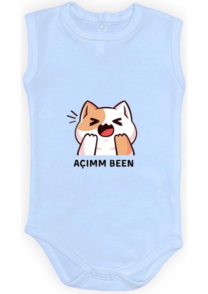 Açım Ben Kedi Baskılı Bebek Kolsuz Body Zıbın Çıtçıtlı Badi MNK0631