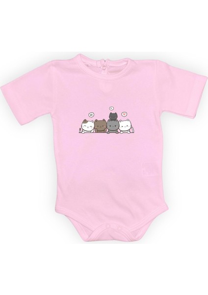 Sevimli Kediler Baskılı Bebek Body Zıbın Çıtçıtlı Badi