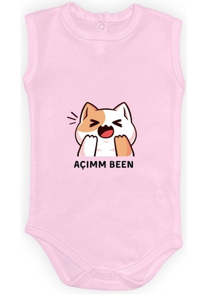 Açım Ben Kedi Baskılı Bebek Kolsuz Body Zıbın Çıtçıtlı Badi MNK0631