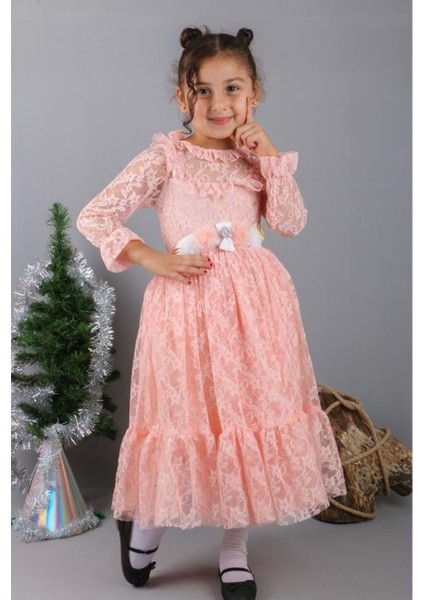 Çiçek Motif Dantelli Çocuk Tesettür Elbise MNK0580