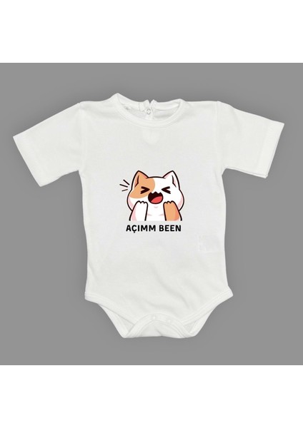 Açım Ben Kedi Baskılı Bebek Kısa Kol Body Zıbın Çıtçıtlı Badi MNK0631
