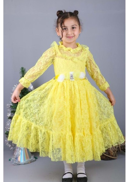 Çiçek Motif Dantelli Çocuk Tesettür Elbise MNK0580