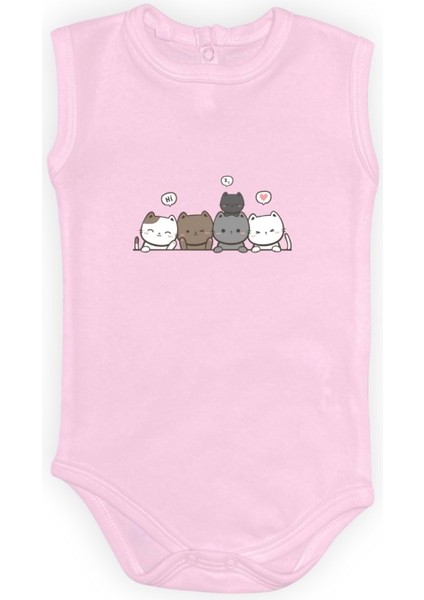 Sevimli Kediler Baskılı Bebek Body Zıbın Çıtçıtlı Badi