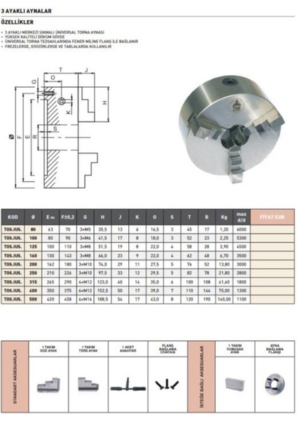 Tos 3 Ayaklı 250 mm Üniversal Torna Aynası