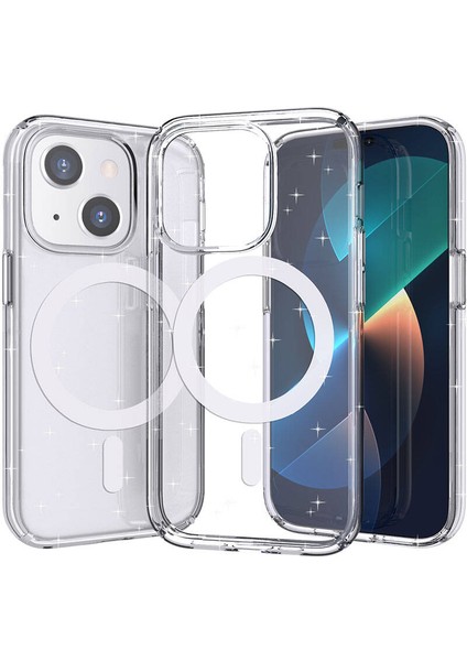 Apple iPhone 14 Kılıf Magsafe Şarj Özellikli Parlayan Simli Saydam Renkli Allstar Kapak