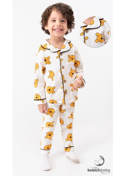 %100 Pamuk Yumuşak Doku Ayıcık Baskılı Mevsimlik Bebek ve Çocuk Pijama Takımı