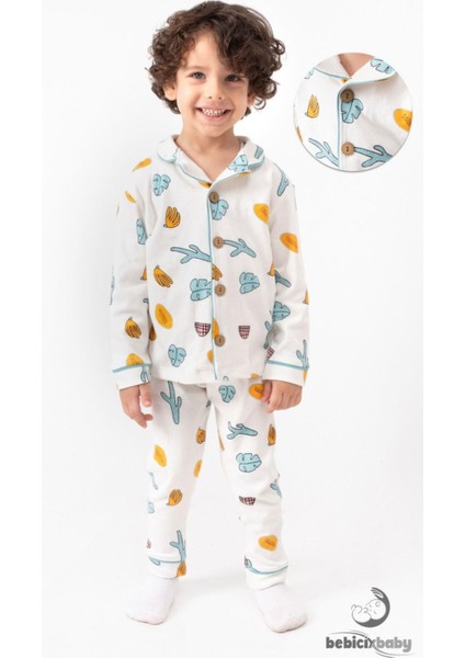 Kruvaze Yaka %100 Pamuk Önden Düğmeli Mevsimlik Ünisex Bebek ve Çocuk Pijama Takımı
