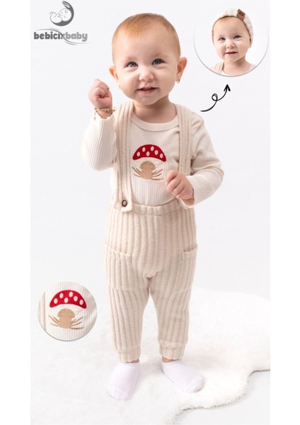 Mantar Nakışlı Salopet Bereli Alttan Çıtçıtlı Badi 3lü Bebek Takım