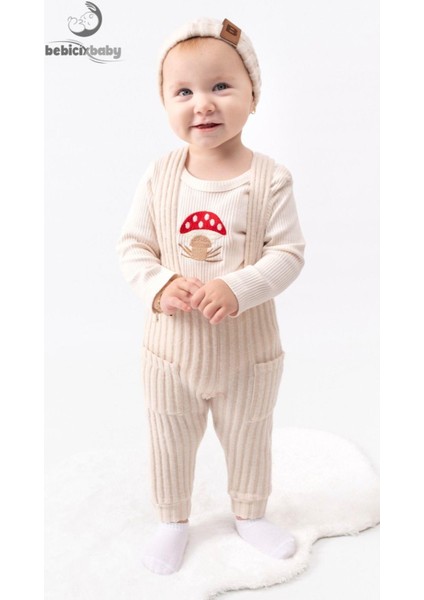 Mantar Nakışlı Salopet Bereli Alttan Çıtçıtlı Badi 3lü Bebek Takım fiyatları