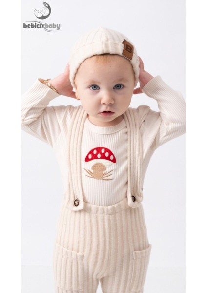 Mantar Nakışlı Salopet Bereli Alttan Çıtçıtlı Badi 3lü Bebek Takım modelleri