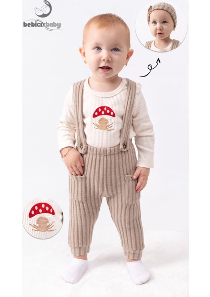 Mantar Nakışlı Salopet Bereli Alttan Çıtçıtlı Badi 3lü Bebek Takım