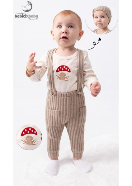 Mantar Nakışlı Salopet Bereli Alttan Çıtçıtlı Badi 3lü Bebek Takım fiyatları