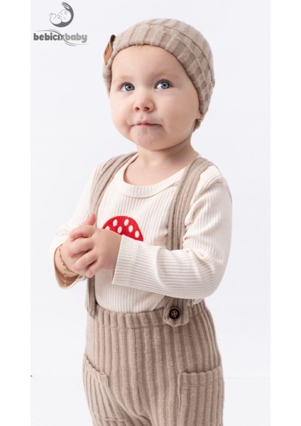 Mantar Nakışlı Salopet Bereli Alttan Çıtçıtlı Badi 3lü Bebek Takım modelleri