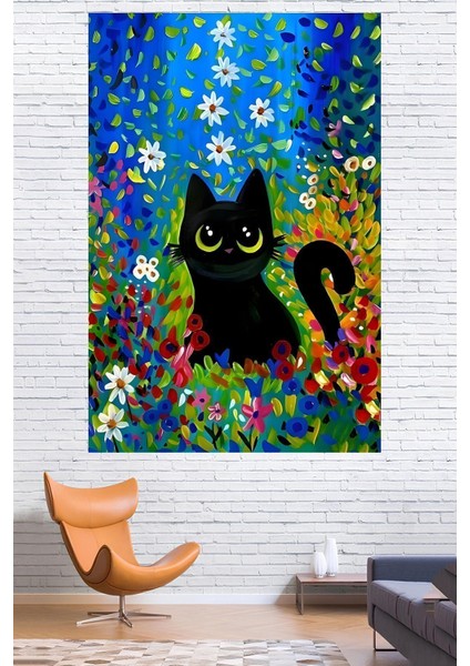 Çiçekler Arasındaki Minik Kedi Duvar Örtüsü Duvar Halısı Wall Tapestry