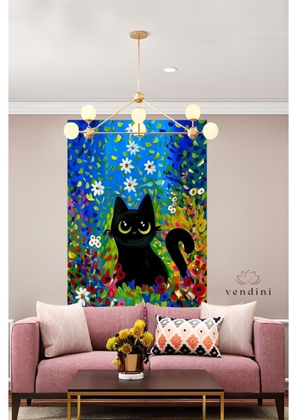 Çiçekler Arasındaki Minik Kedi Duvar Örtüsü Duvar Halısı Wall Tapestry