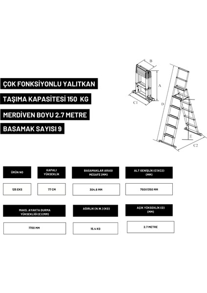 2.7m Kevlar Yalıtkan/Yüksek Gerilime Dayanıklı Çok Fonksiyonlu Merdiven 20ACKV - 125EKS